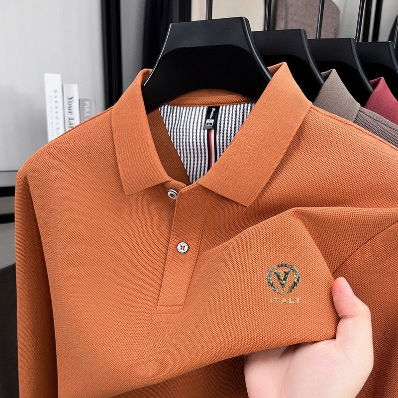 100% pure cotton spring and autumn fashionable men's lapel striped long sleeved polo shirt brand letter V relief design casual T