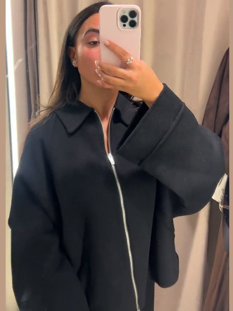 Woolen Zipper Loose Short Jacket Women Long Sleeve Lapel Solid 2025 Autumn Winter Commute Coat Street Office Warm Ladies Outwear