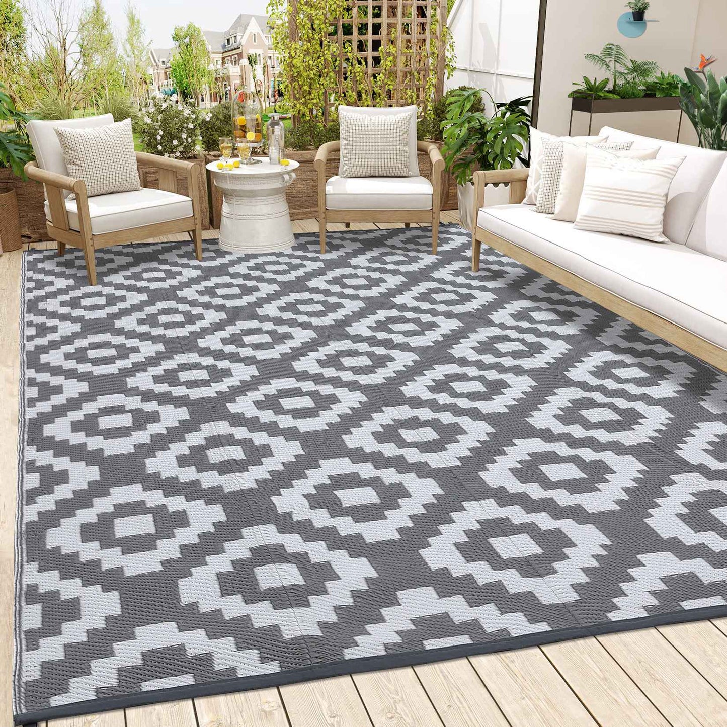 Outdoor Rug Plastic Straw Rug Modern Geometric Waterproof Rug Reversible Outdoor Floor Mat for Patio Porch Backyard Picnic Campi