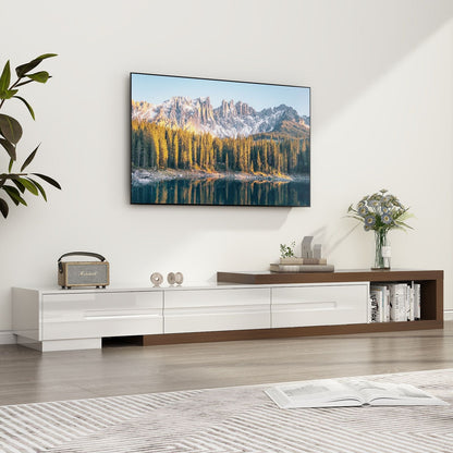 82-110'' Extendable TV Stand for Up to 120"TV, Wood Reversible TV Media Console w/3 Drawers & Open Storage Shelf for Living Room