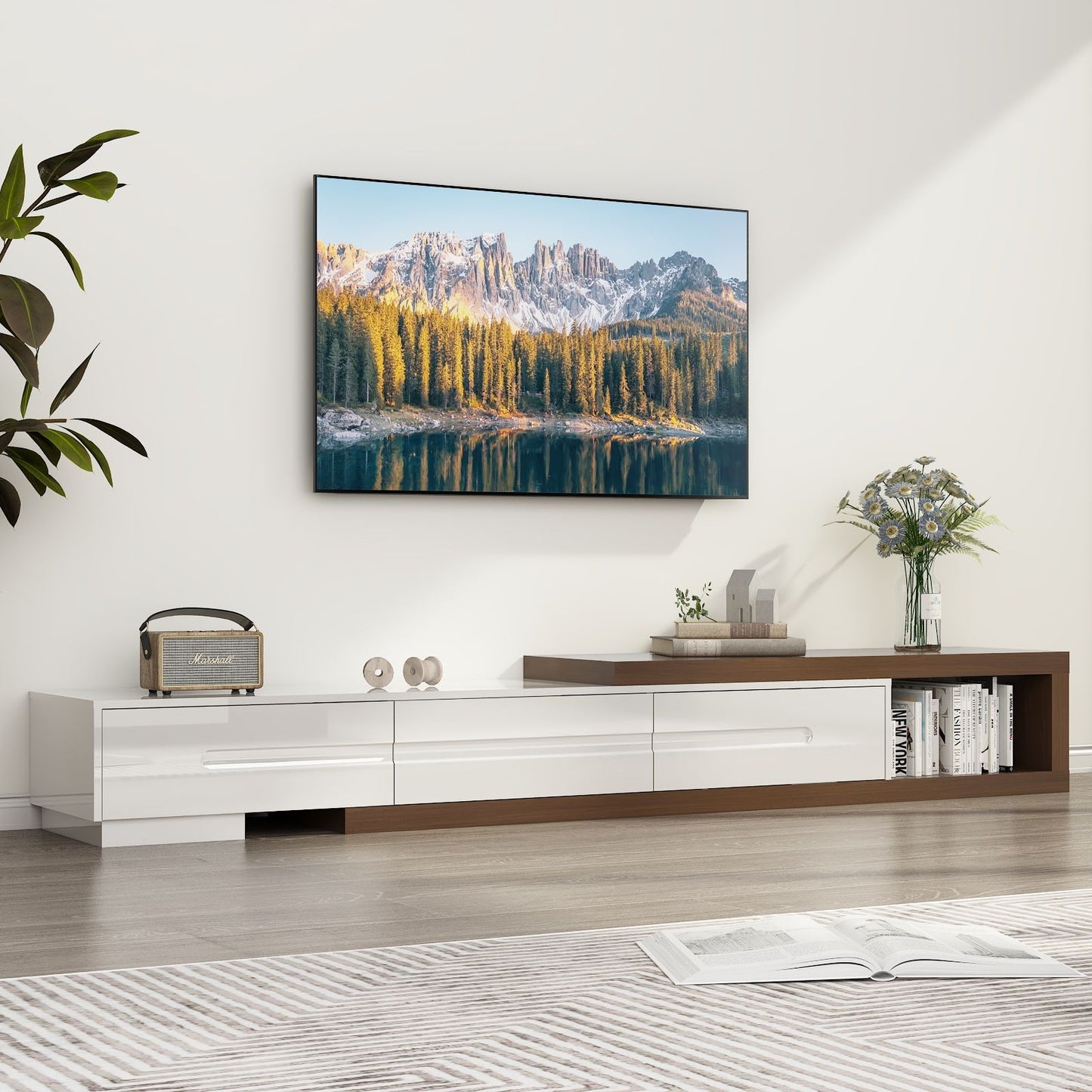 82-110'' Extendable TV Stand for Up to 120"TV, Wood Reversible TV Media Console w/3 Drawers & Open Storage Shelf for Living Room