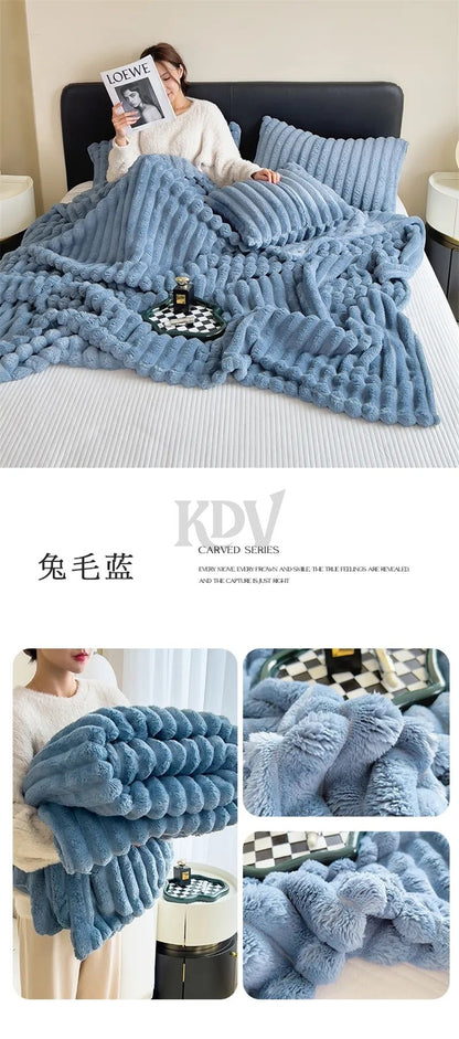 Luxury Soft Faux Rabbit Fur Throw Blanket Fluffy Warm Solid Color Plush Blanket for Sofa Bed Single Double Spring Autumn Plaid