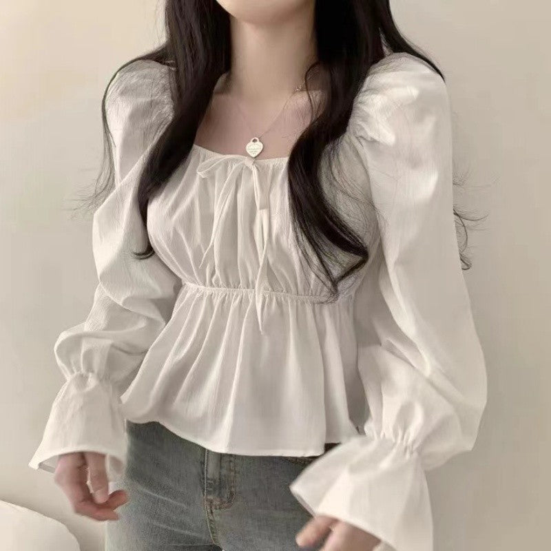 2025 Fashion New Ruffle White Long sleeved Women's Blouses Square Neck Sexy Short Shirt Korean Style Flare Sleeve Sweet Tops