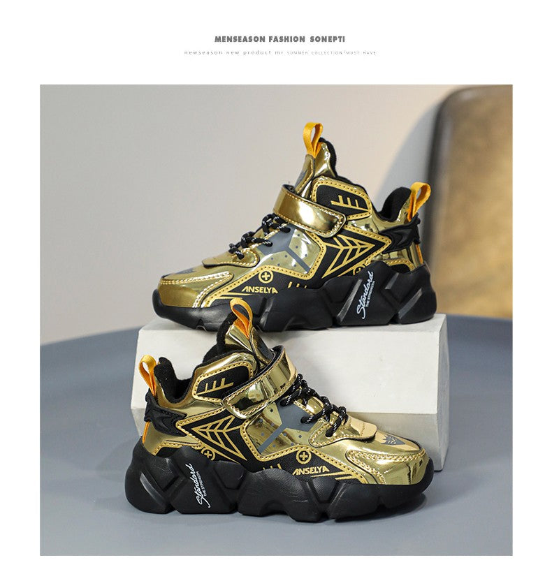 Winter Children's Fashion Sports Shoes Leather Boys' Running Sneakers Flat Casual Walking Shoes Warm Lightweight Outdoor Boots