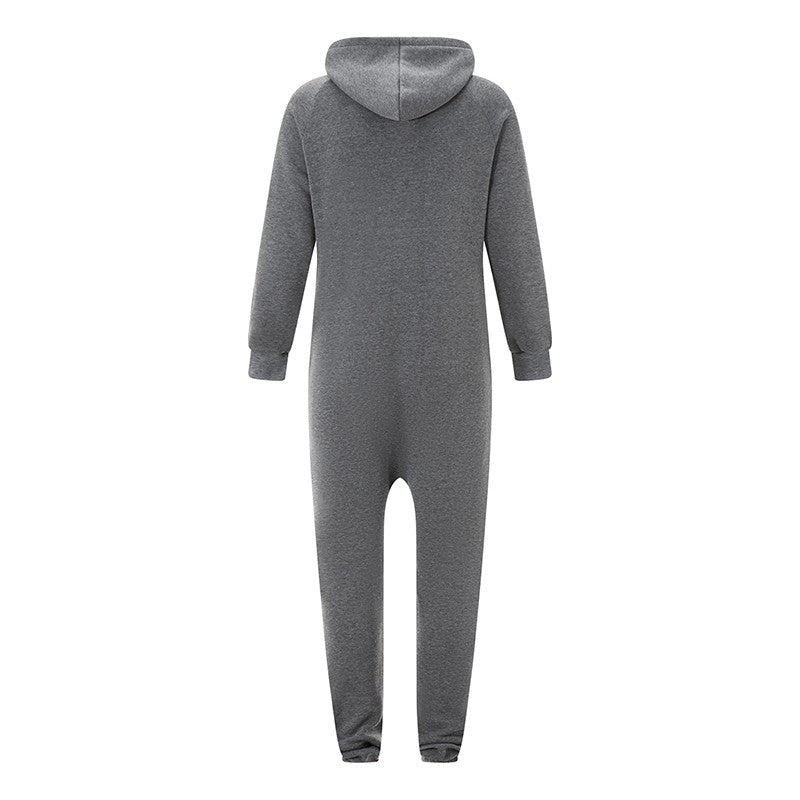 Men's Hooded Fleece Lining Jumpsuit Autumn Winter Warm Long Sleeve Full Zipper Overalls with Kangaroo Pockets Night Clothes