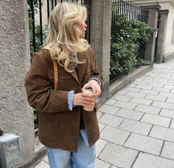 2024 Autumn Winter Woomen Suede Jacket With Lapel Woman Casual Single Breasted Pocket Long Sleeve Short Coat Street Overcoat