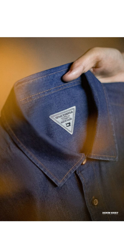 Maden Men Vintage Single Pocket Workwear Denim Shirt Long Sleeved Slim Fit Casual Shirt Single Breasted Turn-Down Collar Blouse