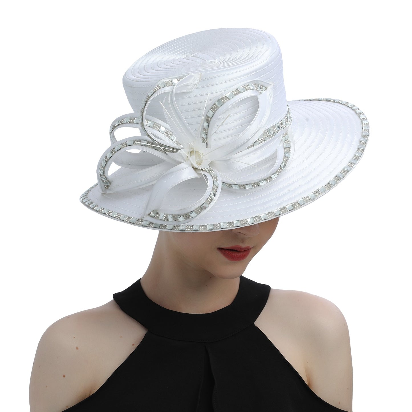 Deluxe New White Church Hat Party Banquet Satin Cloth Photography Hats Premium Chains Formal Hat Flower Top Cap For Women Ladies