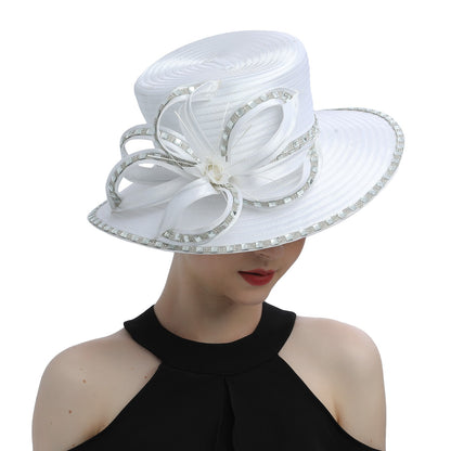 Deluxe New White Church Hat Party Banquet Satin Cloth Photography Hats Premium Chains Formal Hat Flower Top Cap For Women Ladies