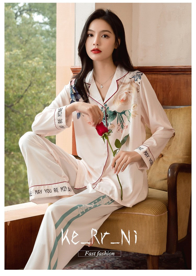Lightweight Long-Sleeve Silk Pajamas Set for Young Girls French-Style Casual Homewear Nightwear Women's Comfortable Sleepwear