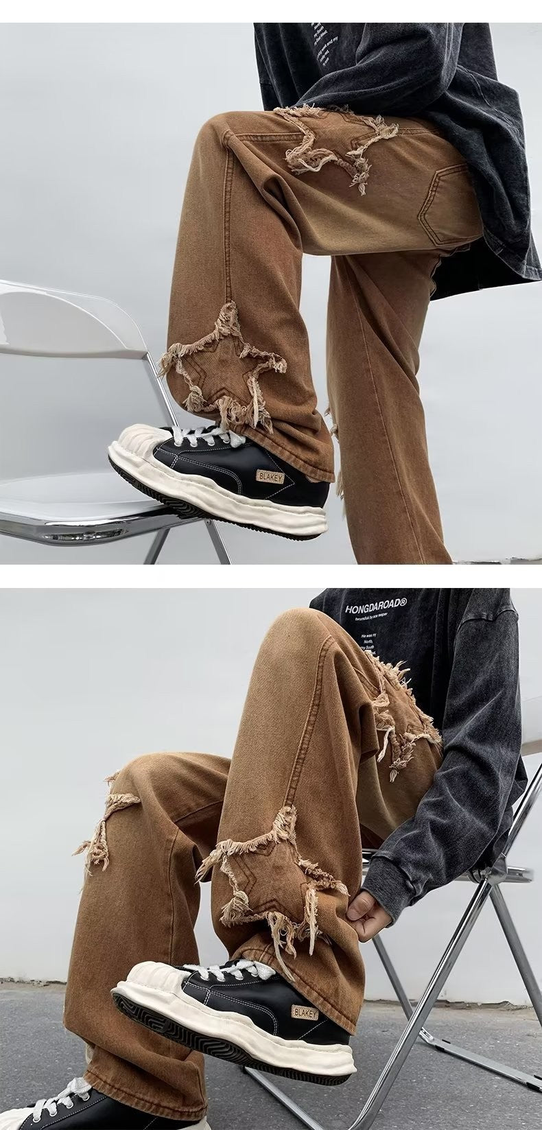 2025 Novas Estrelas da Moda Toalha Bordada Calças Jeans Marrons Masculinas Roupa Y2K Calças Retas Hip Hop de Algodão Pantalon Homme