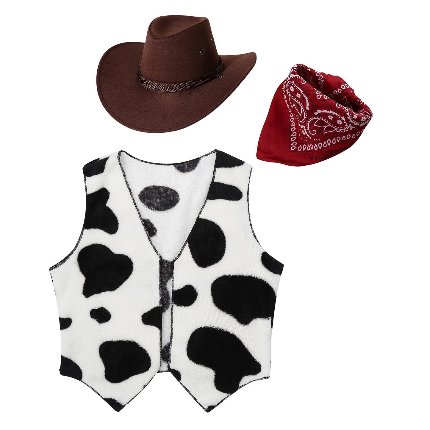 Wild West Cosplay Cowboy Cowgirl Costume Halloween Dress Up Clothes New Fringe Sleeveless Vest with Bandanna Hat Set