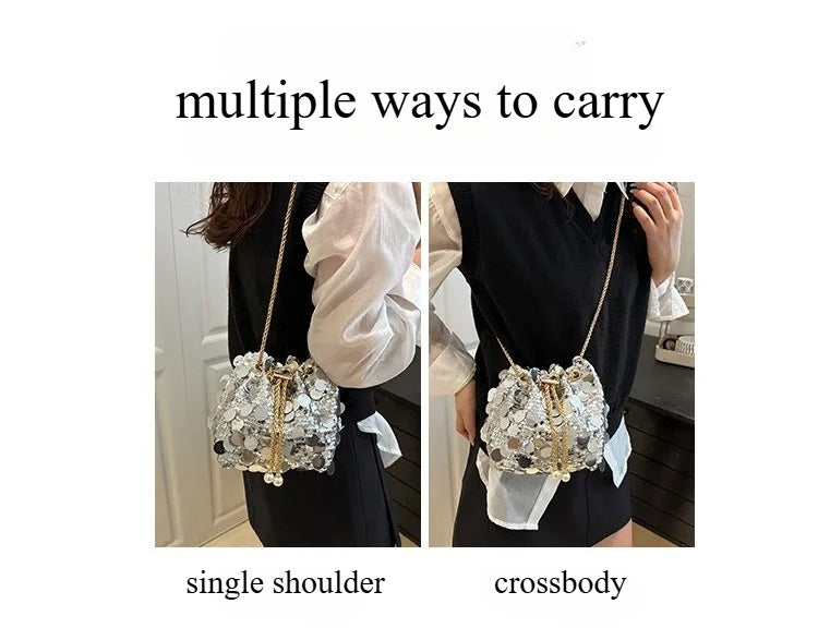 Sequin Chain Women's Portable Bucket Shoulder Bags Retro Ladies Dinner Party Clutch Purse Luxury Design Female Crossbody Bag