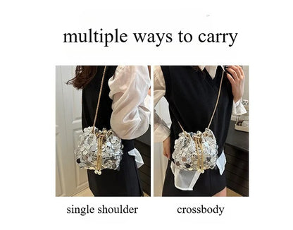 Sequin Chain Women's Portable Bucket Shoulder Bags Retro Ladies Dinner Party Clutch Purse Luxury Design Female Crossbody Bag