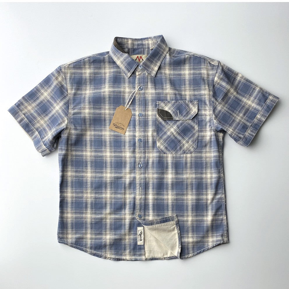 2025 Summer New American Retro Short Sleeve Lapel Plaid Cargo Shirt Men's Simple 100% Cotton Washed Single Pocket Casual Blouses