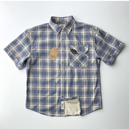 2025 Summer New American Retro Short Sleeve Lapel Plaid Cargo Shirt Men's Simple 100% Cotton Washed Single Pocket Casual Blouses