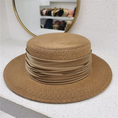 New Fedoras Summer Women's Boater Beach Hat Wide Side Female Casual Panama Hat Lady Classic Flat Bowknot Straw Sun Hat Women