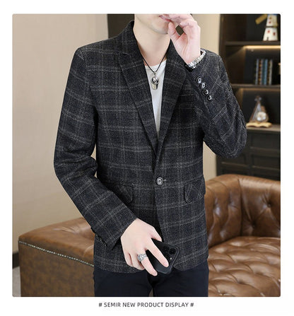 Blazer's New Men's Fashion Outdoor Travel Camping Youth Wedding Hosting Campus Slimming Casual Checkered Korean Version Blazer
