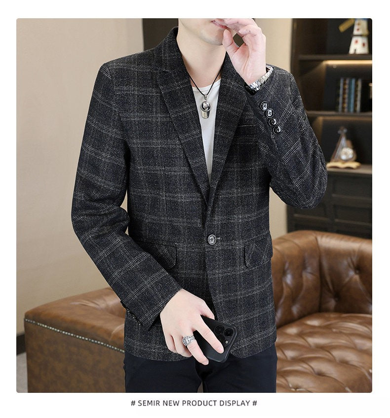 Blazer's New Men's Fashion Outdoor Travel Camping Youth Wedding Hosting Campus Slimming Casual Checkered Korean Version Blazer