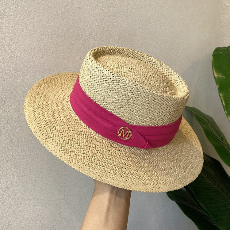 Chapéu de Palha Feminino de Verão Chapéu de Sol Luxuoso Feminino Chapéu de Praia de Proteção Solar da Moda Chapéu Panamá Francês Chapéu Raff de Aba Larga com Topo Abaulado