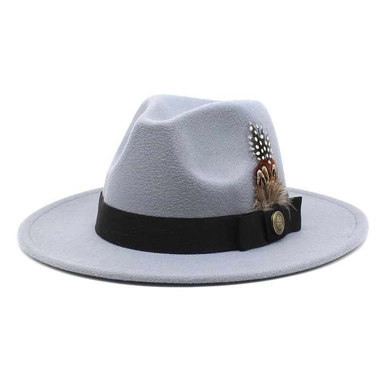 White Woolen Gentleman Classic British Jazz Feather Top Hat Wide Brim Party Church Wedding Fedora Hats Men Women Panama Felt Cap
