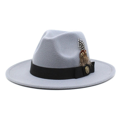 White Woolen Gentleman Classic British Jazz Feather Top Hat Wide Brim Party Church Wedding Fedora Hats Men Women Panama Felt Cap