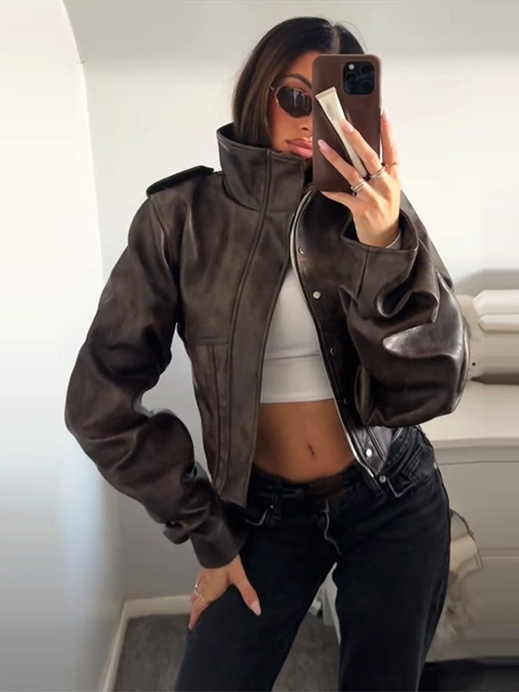Vintage Women's Cropped Faux Leather Jacket Stand Collar Balloon Sleeve Biker Style PU Leather Coat Streetwear Fashion Outfit