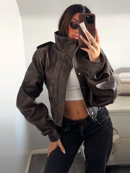 Vintage Women's Cropped Faux Leather Jacket Stand Collar Balloon Sleeve Biker Style PU Leather Coat Streetwear Fashion Outfit