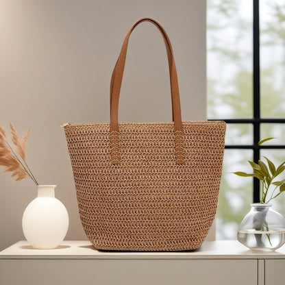 Fashionable and Versatile Women's Woven Bag with Zipper for Travel, Large Capacity Beach Bag, Handbag