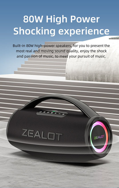 Caixa de Som Bluetooth ZEALOT-S97 80W Potente, Sem Fio com Alça Portátil, para Festa, Acampamento, Luz Colorida RGB