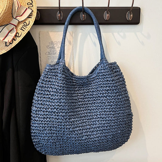 Women Straw Bag Tote Handbag Large Capacity Vintage Shoulder Bag Solid Color Simple Weaving Handbag Ladies Summer Daily Bag