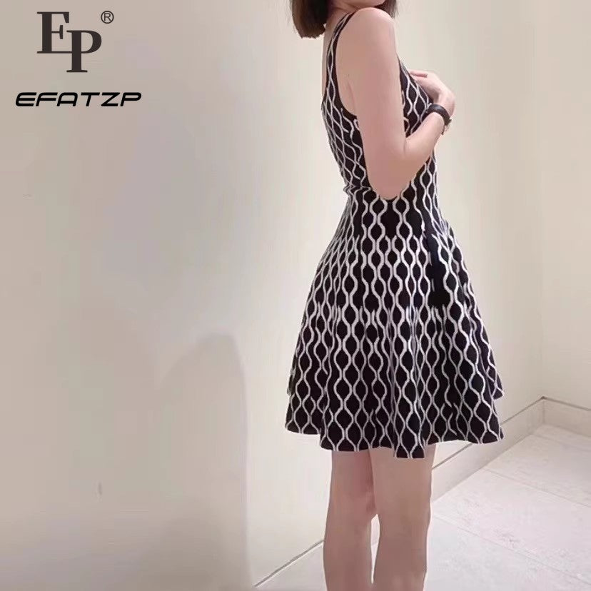 Women's Blue or Black Geometric Jacquard Sleeveless Dress Autumn New Sweet Ladie