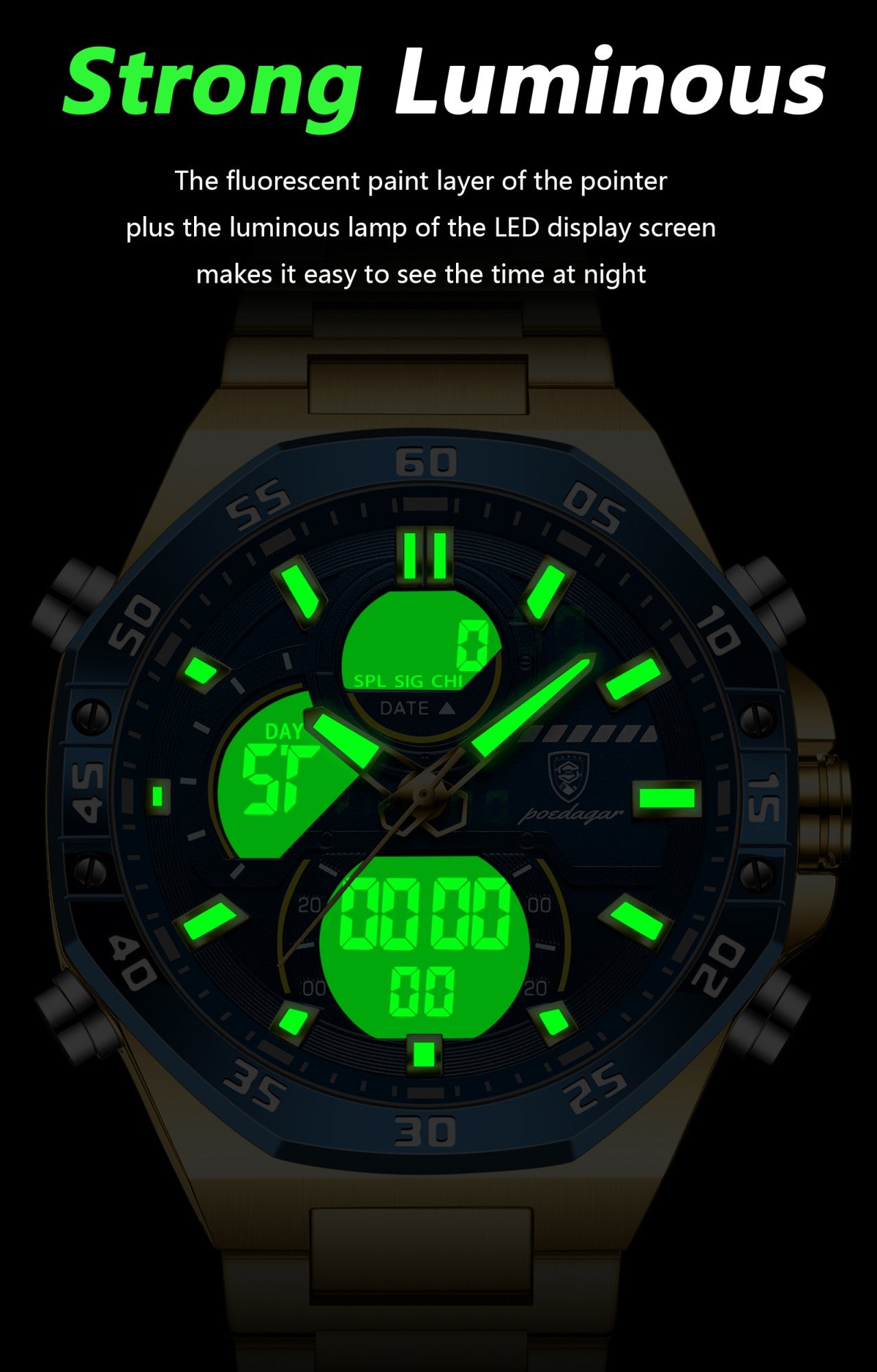 POEDAGAR Top Sport Men Clock LED Luminous Waterproof Week Date Man Watch Electronic Stainless Steel Fashion Quartz Men's Watches