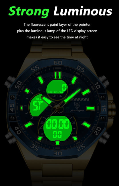POEDAGAR Top Sport Men Clock LED Luminous Waterproof Week Date Man Watch Electronic Stainless Steel Fashion Quartz Men's Watches