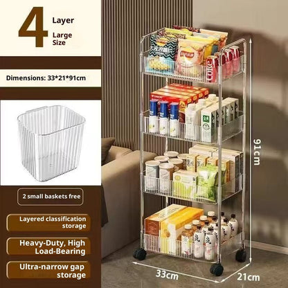 Prateleira de armazenamento móvel para banheiro para lanches, brinquedos e cosméticos multi-camadas, carrinho pequeno transparente