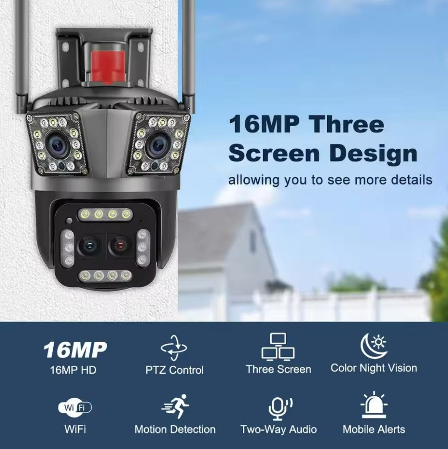 8K 12MP Outdoor WiFi Camera 12X Zoom Four Lens Three Screen PTZ Camera 360° Surveillance Cameras Motion Tracking Security Camera