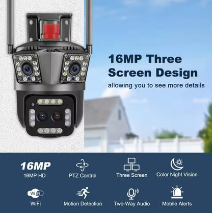 8K 12MP Outdoor WiFi Camera 12X Zoom Four Lens Three Screen PTZ Camera 360° Surveillance Cameras Motion Tracking Security Camera