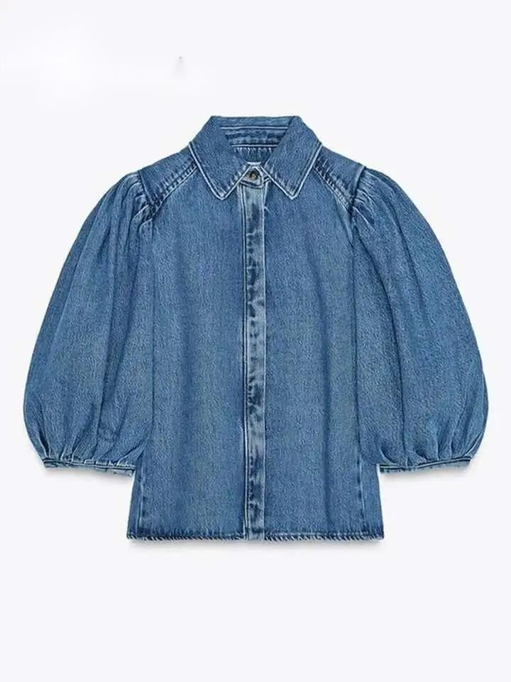 Fashion Denim Women Short Shirt Lapel Half Puff Sleeve Pleated Turn-down Collar Solid Female Top Spring Summer Lady Shirts M8WQ