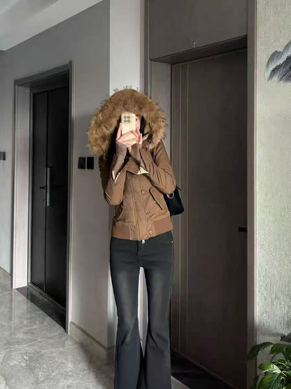 Womens Coffee Brown Fleece Jacket Winter Retro Zipper Cardigan with Button Design Slim Fit for Daily Wear High Quality Outerwear