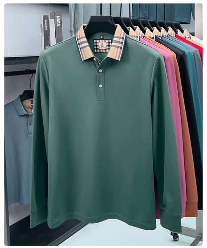 Luxury brand long sleeve polo shirt men comfortable casual autumn item silk cotton high-end Korean fashion plaid lapel T-shirt