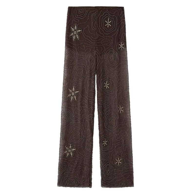 HXAO Women's Pants 2025 Beaded Tulle Pants For Woman Baggy Sequin New In Pants Spring Summer Semi Sheer Women's Trousers 088