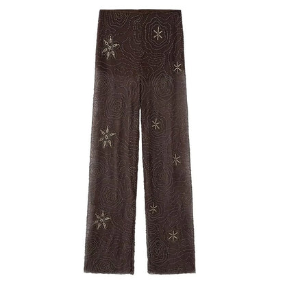 HXAO Women's Pants 2025 Beaded Tulle Pants For Woman Baggy Sequin New In Pants Spring Summer Semi Sheer Women's Trousers 088