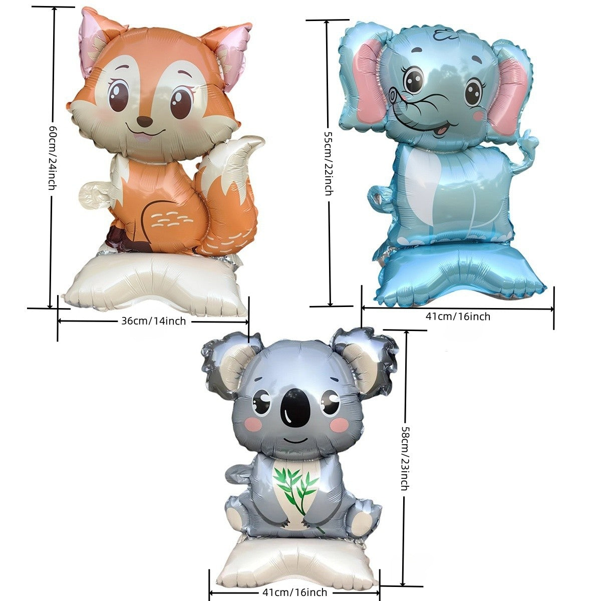 3/2PCS Jungle Animal Foil Balloons with Stand - Koala Elephant Fox for Birthday Wedding Carnival Theme Decorations