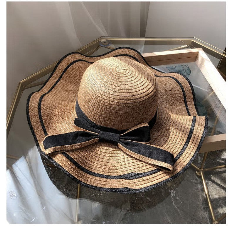 Beach HatJapanese Everything Hairy Edge Straw Hat Female Summer dome  Top Outing Sun Hat Small Fresh Bow Sun Shade Beach Hat
