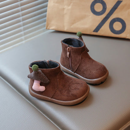 Christmas Children's Snow Boots PU Leather Vintage Girl's Plush Boots Anti-slippery Kid's Warm Padded Boots Cotton Shoes