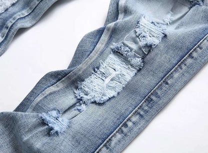 Blue Eyed Snake Embroidery Street Style Jeans For Teenagers Elastic Waist Cotton Material Casual Scene Suitable