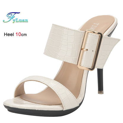 New Summer Buckle Strap Outside Women Slipper  Open Toe High Heeled 10CM Women's Sandals Thin Heels Neutral Slippers Party Pumps