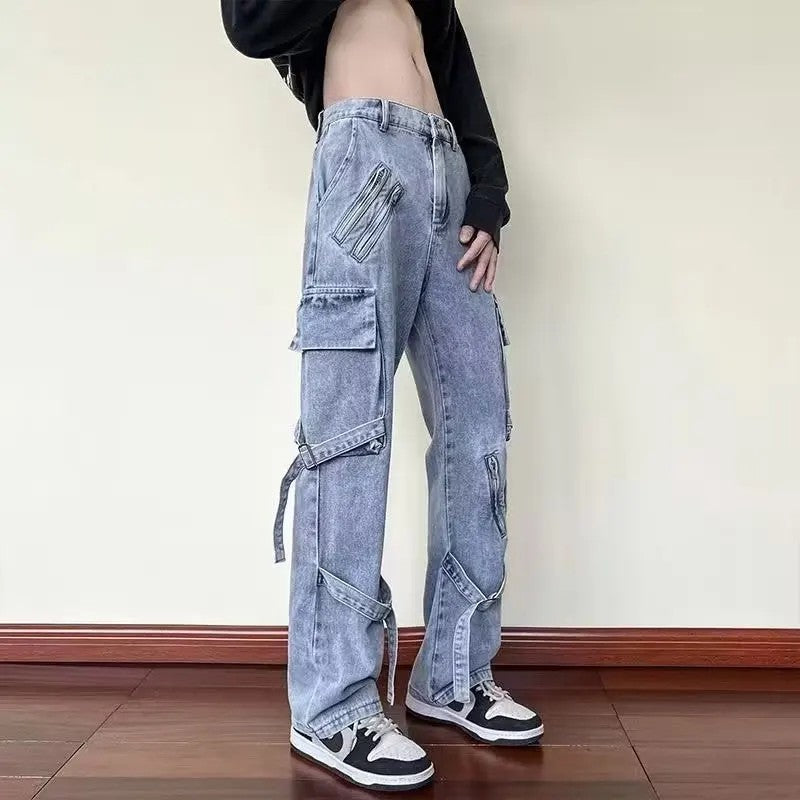 Vibezip-up Americano Jeans Masculinos da Moda Boca de Sino Solta Estilo Gangsta de Rua Ins Roupa de Trabalho Casual