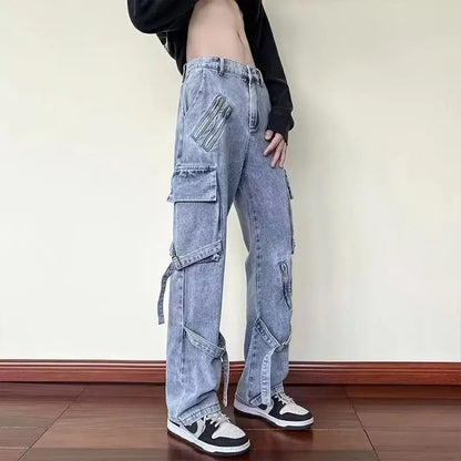 Vibezip-up Americano Jeans Masculinos da Moda Boca de Sino Solta Estilo Gangsta de Rua Ins Roupa de Trabalho Casual