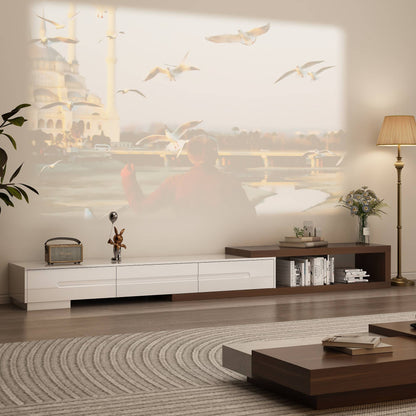 82-110'' Extendable TV Stand for Up to 120"TV, Wood Reversible TV Media Console w/3 Drawers & Open Storage Shelf for Living Room